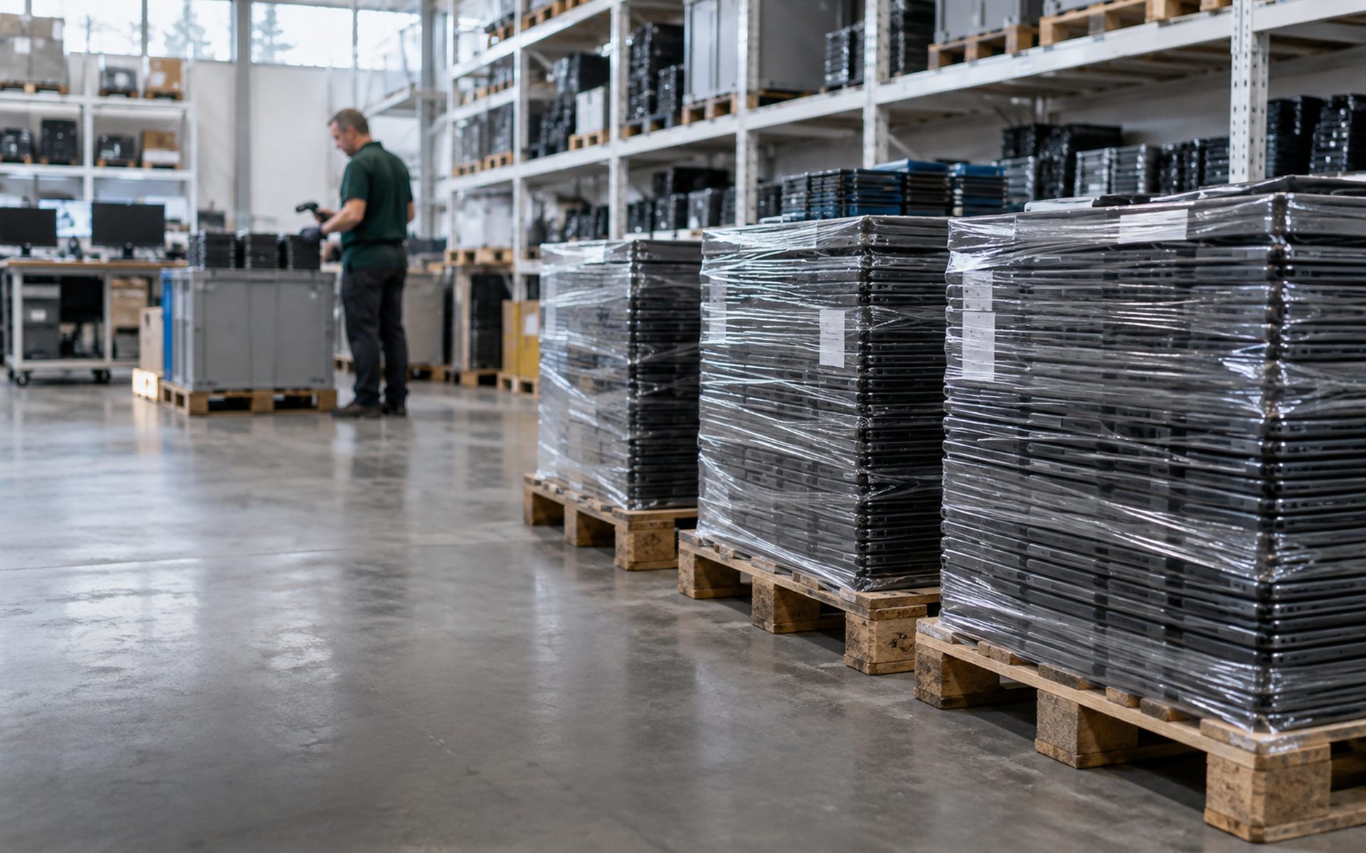 Afgeschreven laptops en servers op de werkvloer van RQNX IT, klaar voor registratie